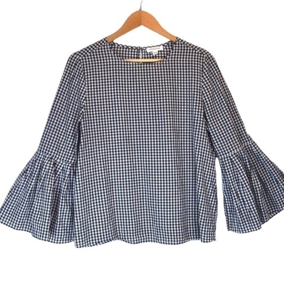 beachlunchlounge Micro Gingham Check Bell Sleeve Cotton Top, Medium - Picture 4 of 4